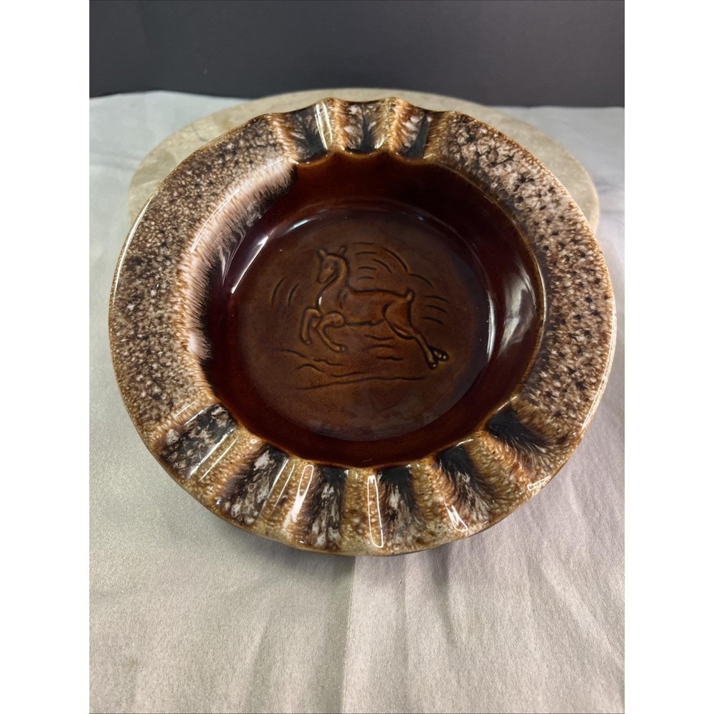 1970's Hull Brown 8" Drip Cigar Ashtray with Leaping Deer Design